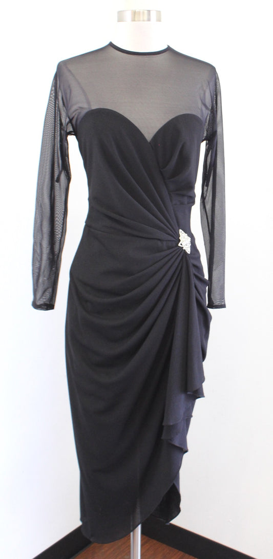 Vtg 90s Lillie Rubin Black Mesh Ruffle Ruched Hi Lo Cocktail Evening Dress Sz 10