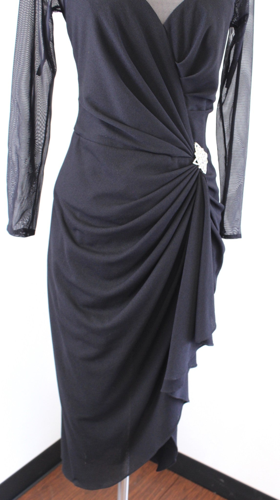 Vtg 90s Lillie Rubin Black Mesh Ruffle Ruched Hi Lo Cocktail Evening Dress Sz 10