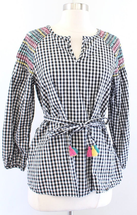 Madewell Black White Gingham Plaid Embroidered Tie Waist Tassel Top Blouse XS