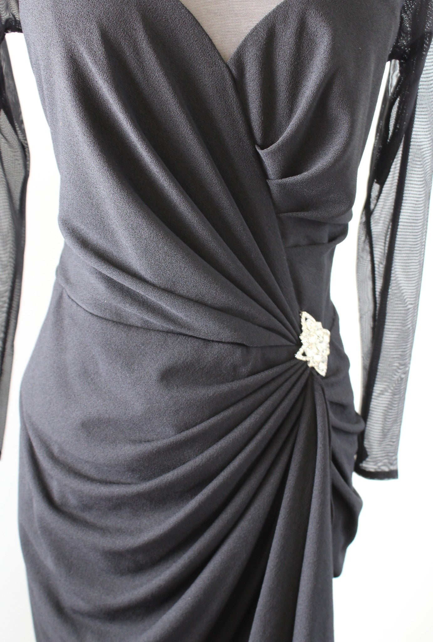 Vtg 90s Lillie Rubin Black Mesh Ruffle Ruched Hi Lo Cocktail Evening Dress Sz 10