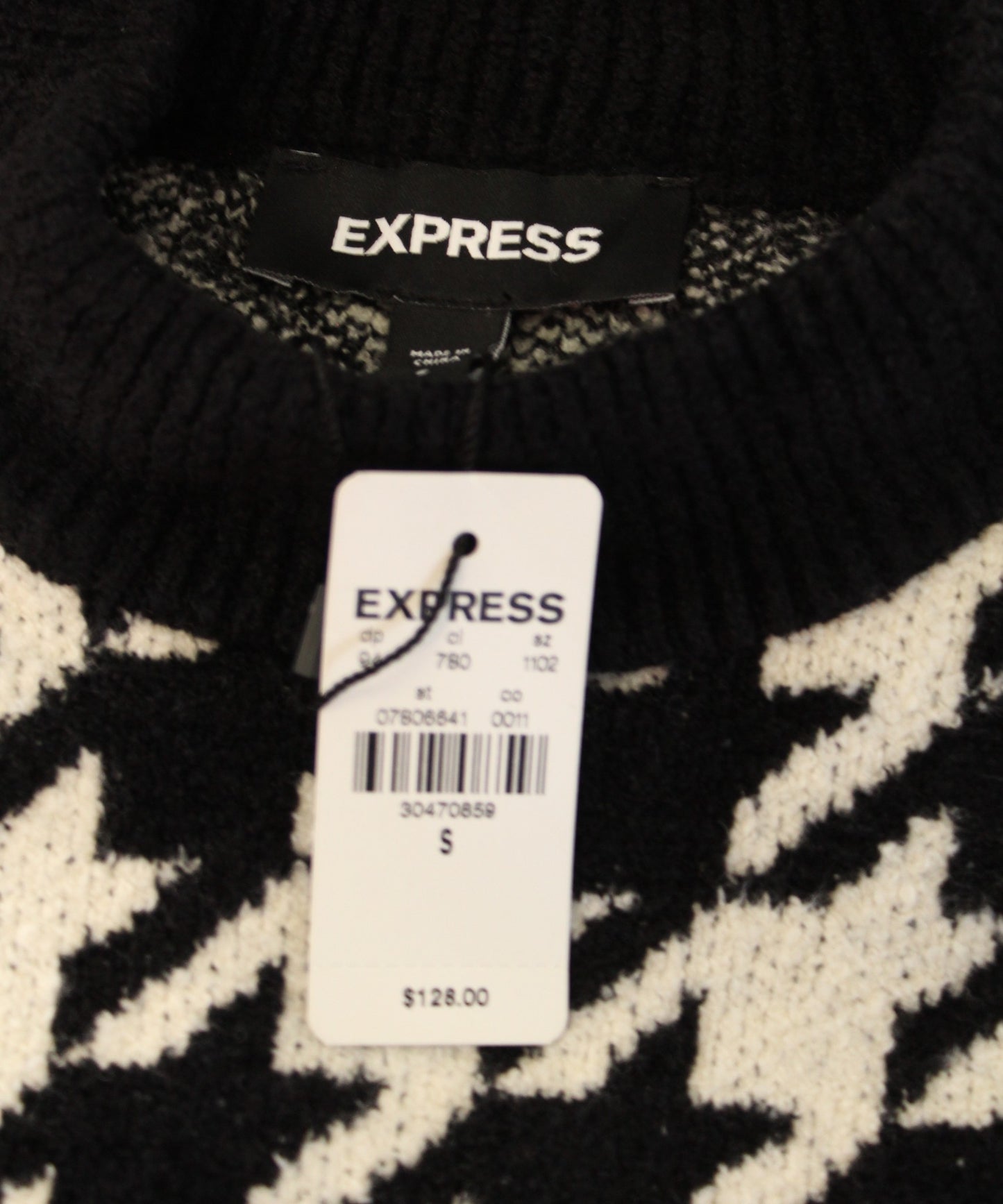 NWT Express Black Cream Houndstooth Mock Neck Mini Fitted Sweater Dress Size S