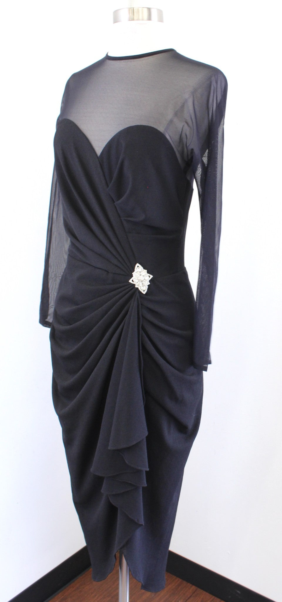 Vtg 90s Lillie Rubin Black Mesh Ruffle Ruched Hi Lo Cocktail Evening Dress Sz 10