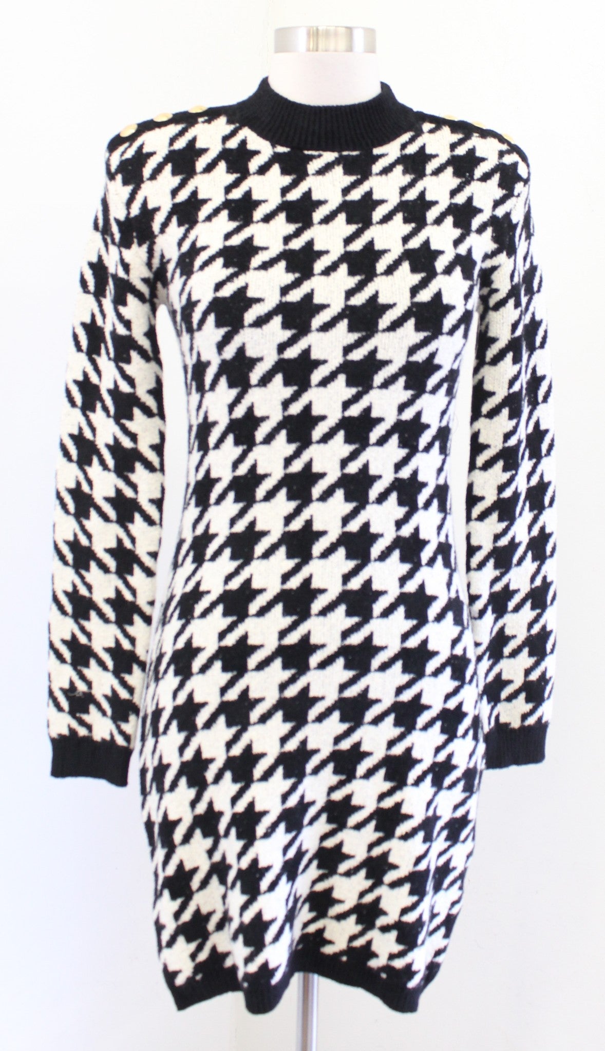 NWT Express Black Cream Houndstooth Mock Neck Mini Fitted Sweater Dress Size S