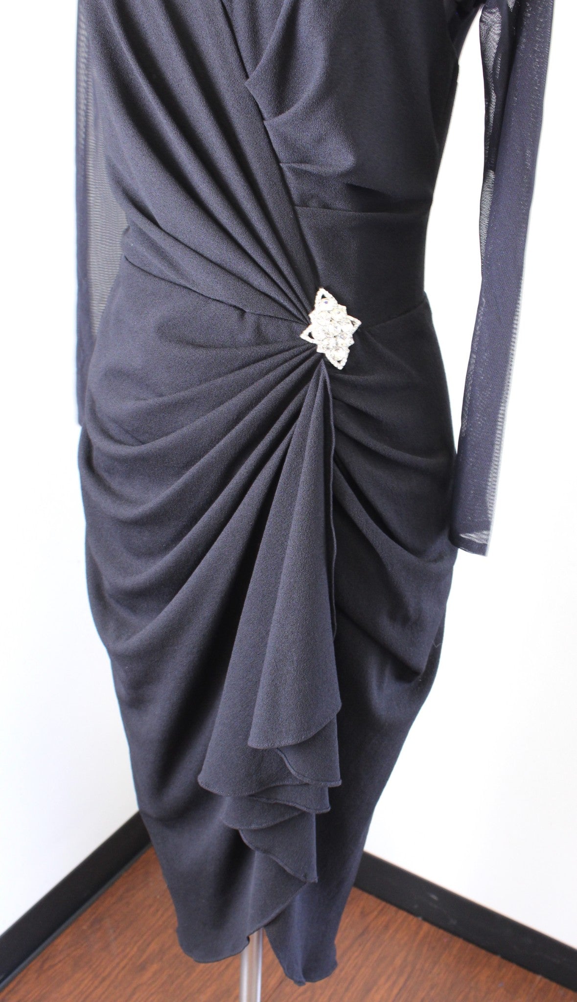 Vtg 90s Lillie Rubin Black Mesh Ruffle Ruched Hi Lo Cocktail Evening Dress Sz 10