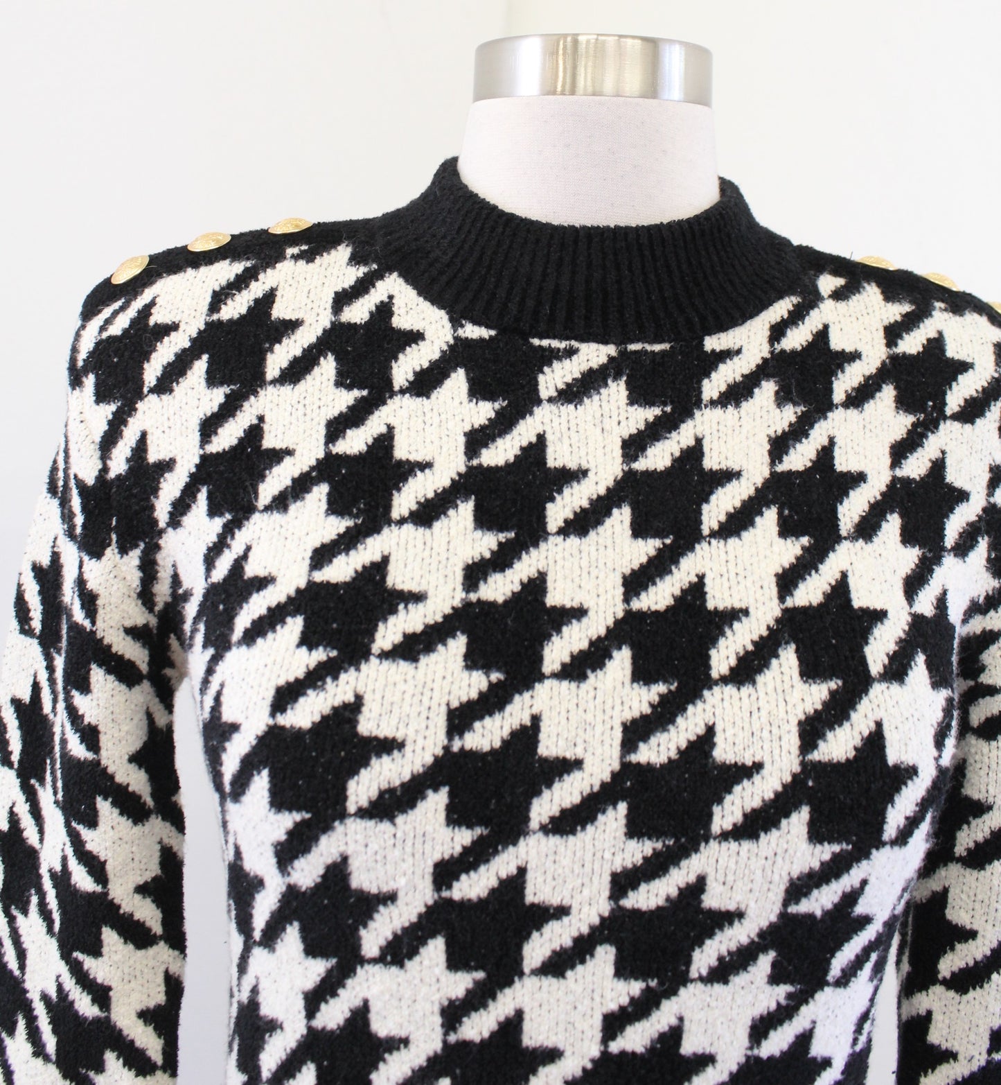 NWT Express Black Cream Houndstooth Mock Neck Mini Fitted Sweater Dress Size S