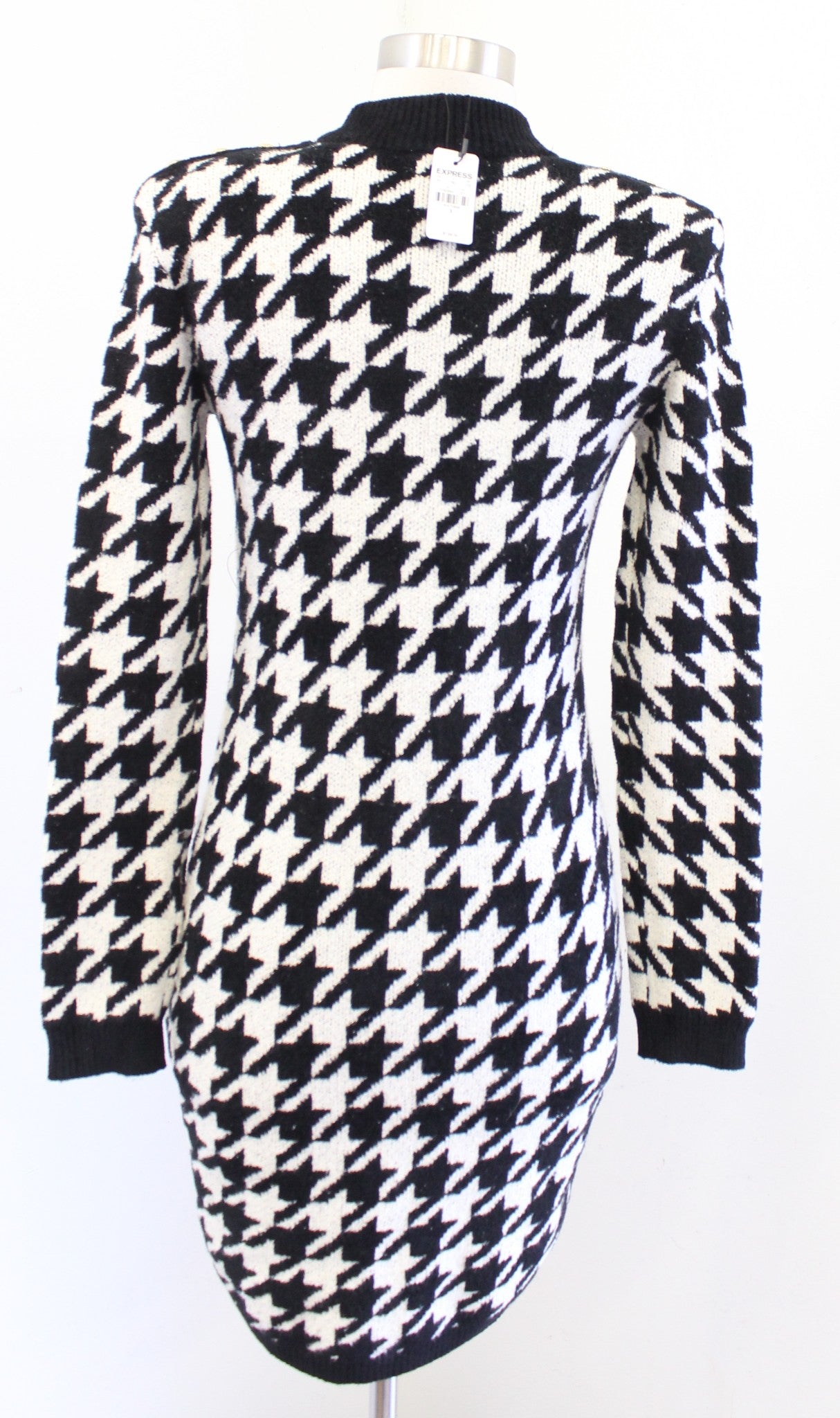 NWT Express Black Cream Houndstooth Mock Neck Mini Fitted Sweater Dress Size S