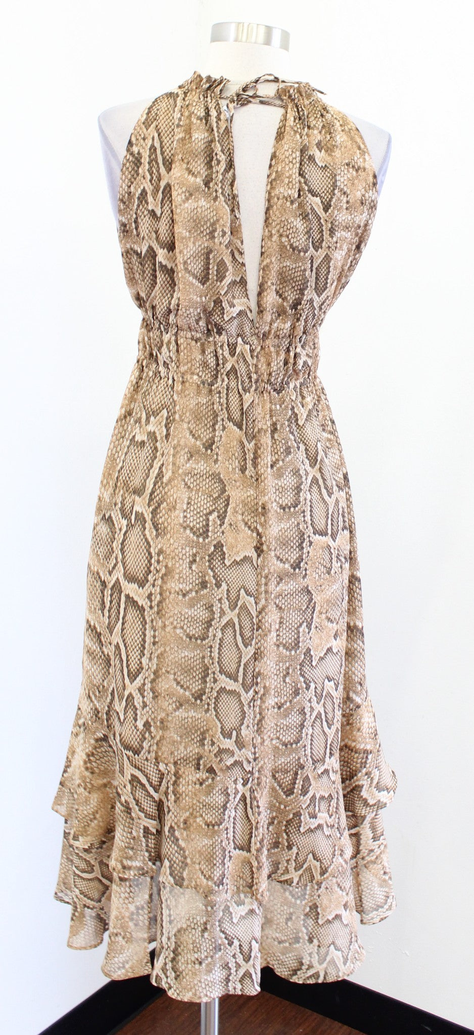 Zara Tan Snakeskin Print Smocked Halter Flounce Hem Midi Dress Sz XS Sleeveless