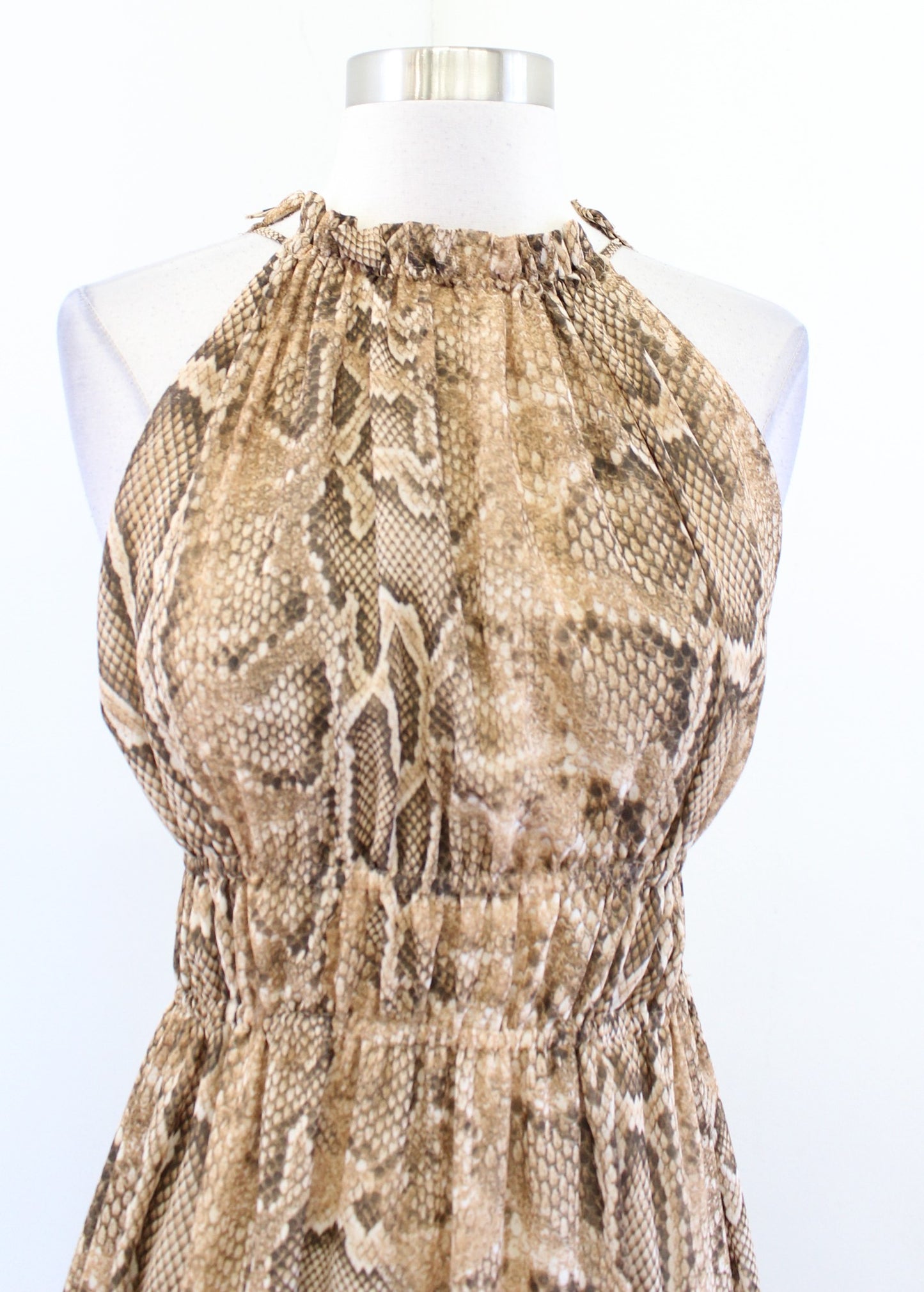 Zara Tan Snakeskin Print Smocked Halter Flounce Hem Midi Dress Sz XS Sleeveless