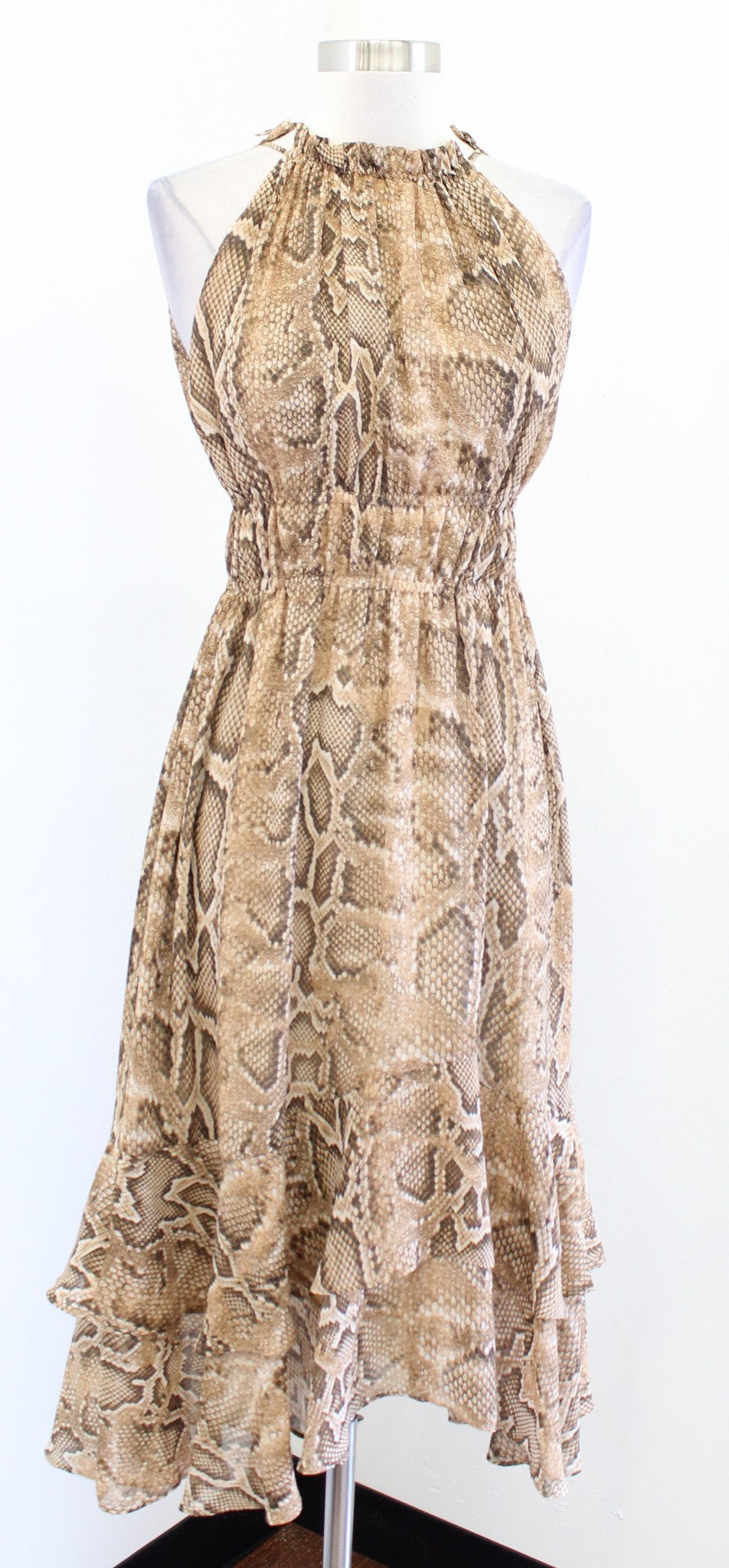 Zara Tan Snakeskin Print Smocked Halter Flounce Hem Midi Dress Sz XS Sleeveless