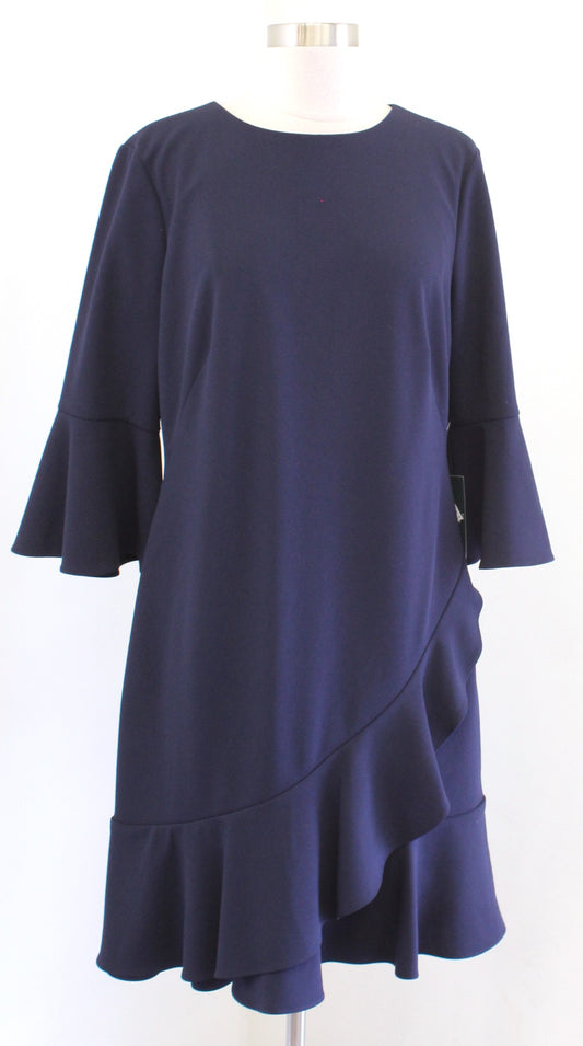 NWT Lauren Ralph Lauren Navy Blue Ruffle Bell Sleeve Flounce Shift Dress Size 12