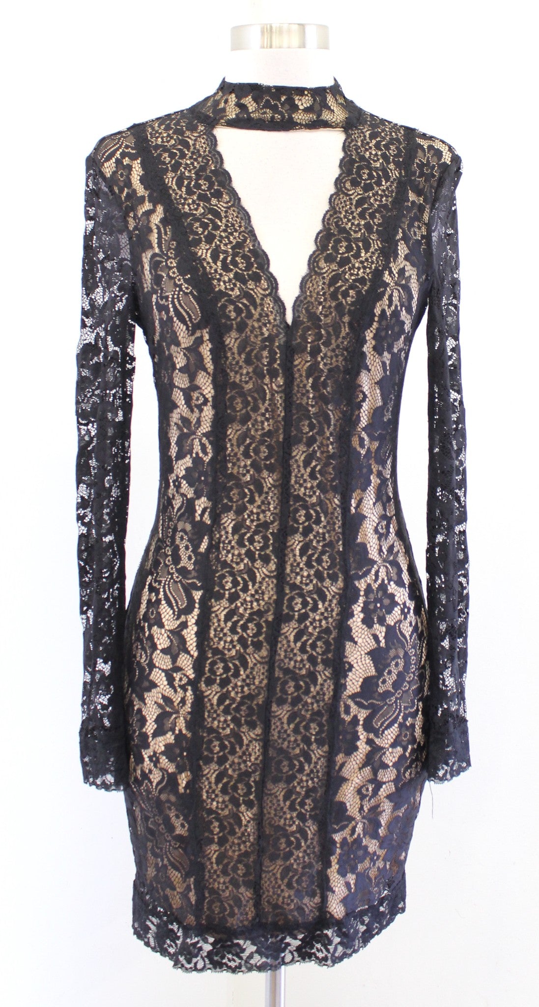 Bebe Black Nude Lace Illusion Choker Collar V Neck Bodycon Mini Dress Size M