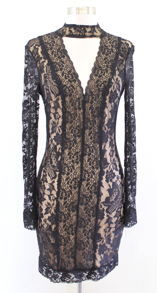 Bebe Black Nude Lace Illusion Choker Collar V Neck Bodycon Mini Dress Size M