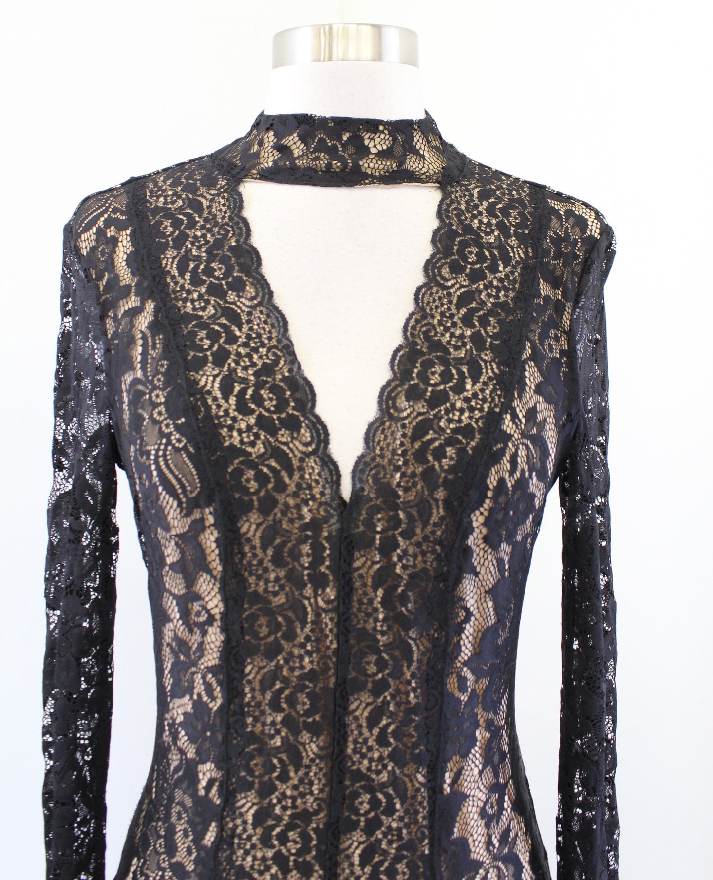 Bebe Black Nude Lace Illusion Choker Collar V Neck Bodycon Mini Dress Size M