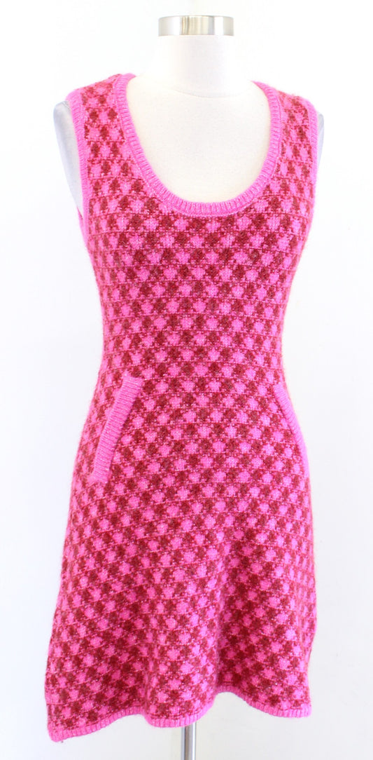 NWT Zara Pink Red Checker Plaid Knit Bodycon Mini Sweater Dress Size S Wool