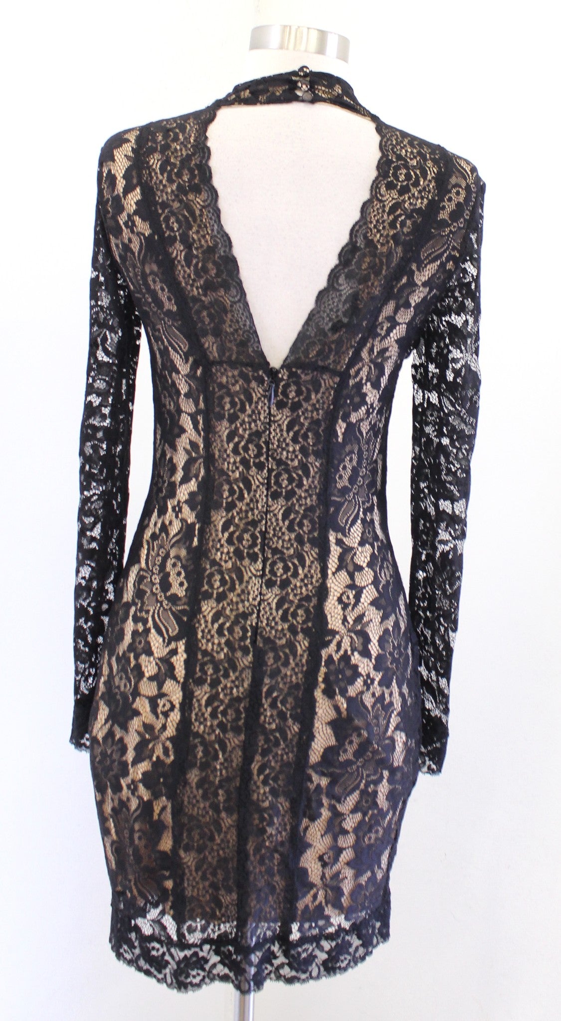 Bebe Black Nude Lace Illusion Choker Collar V Neck Bodycon Mini Dress Size M