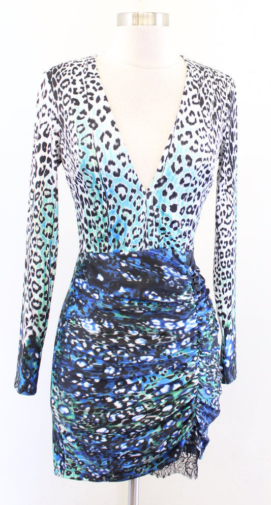 Bebe Leopard Print Plunge V Neck Ruched Bodycon Mini Dress Size XS Blue Black