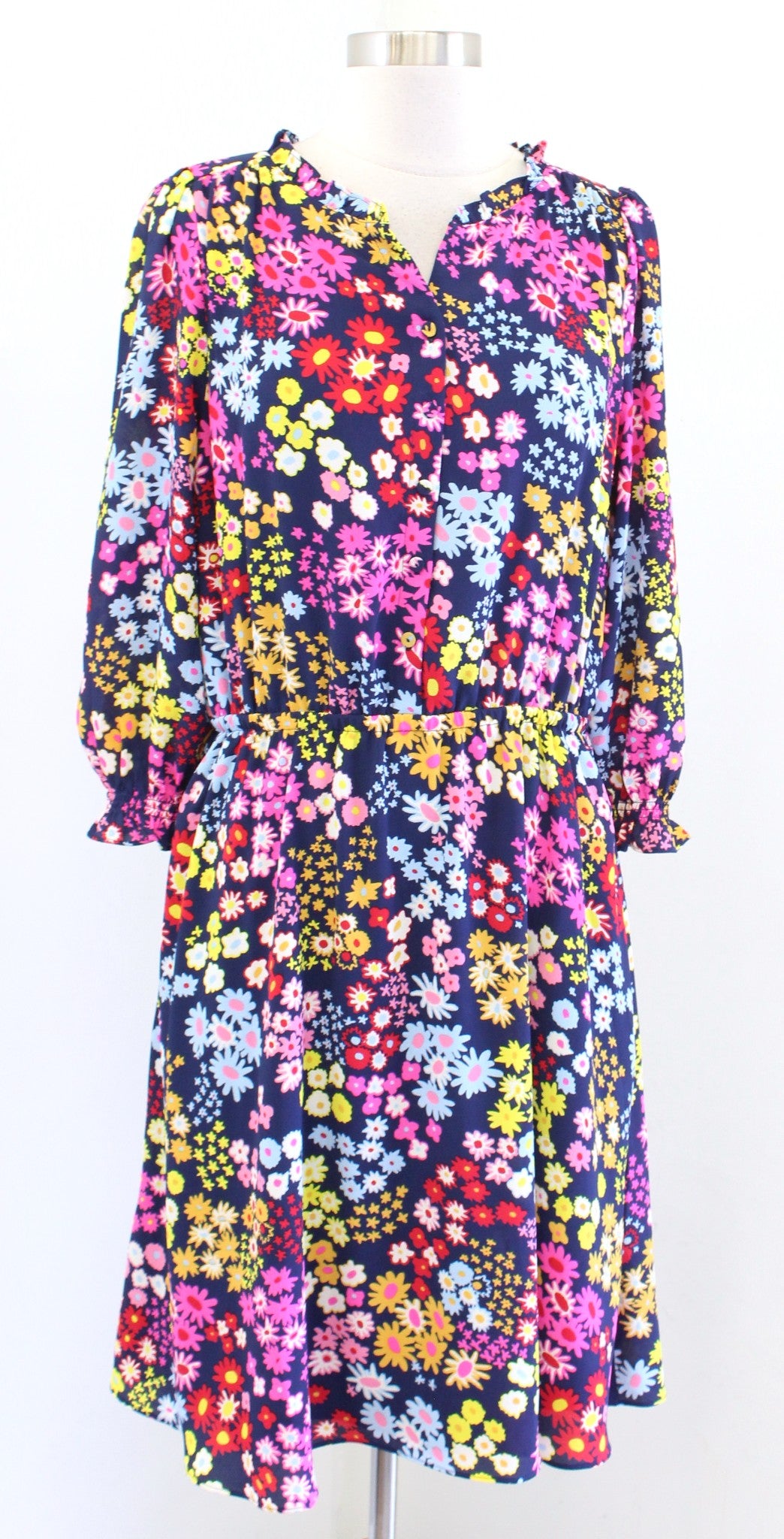 Talbots Blue Colorful Starburst Floral Print Smocked A Line Flare Dress Sz PM MP