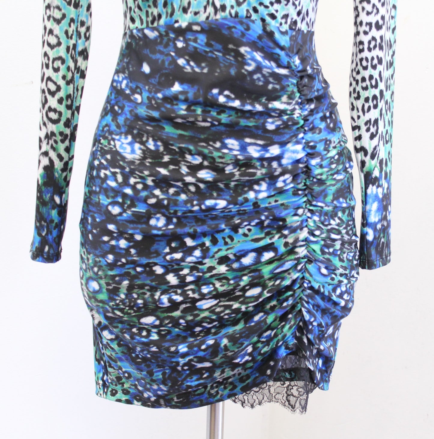 Bebe Leopard Print Plunge V Neck Ruched Bodycon Mini Dress Size XS Blue Black
