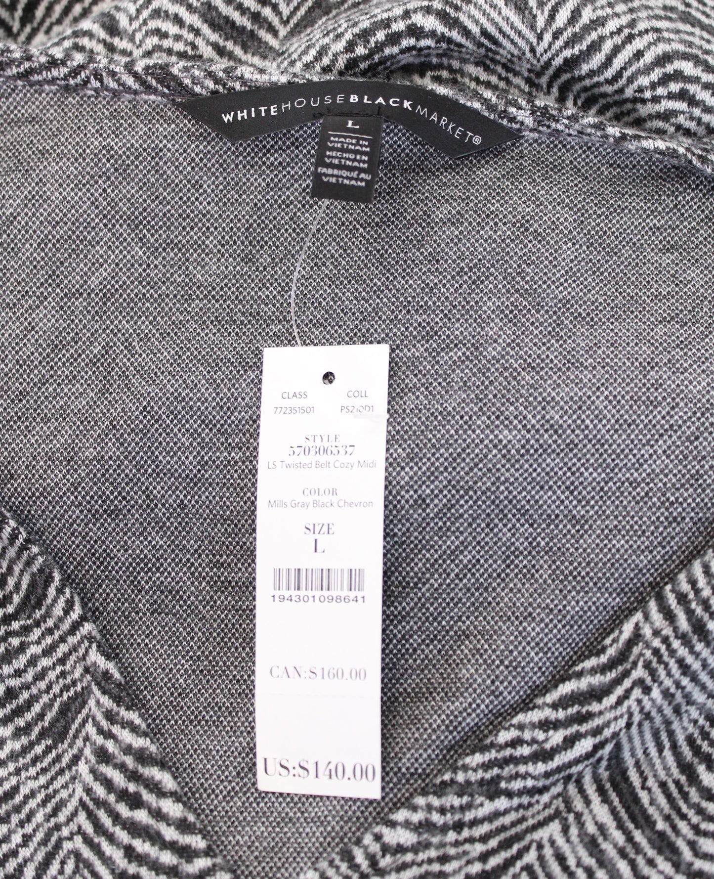 NWT White House Black Market Gray V Neck Cozy Knit Twist Midi Dress Size L