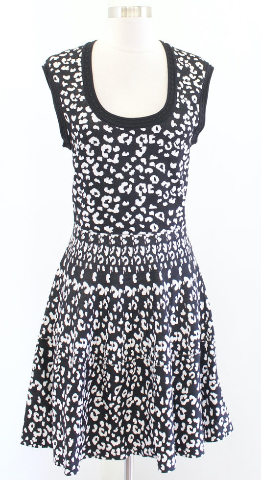 Rebecca Taylor Black White Structured Knit A Line Flared Leopard Print Dress M