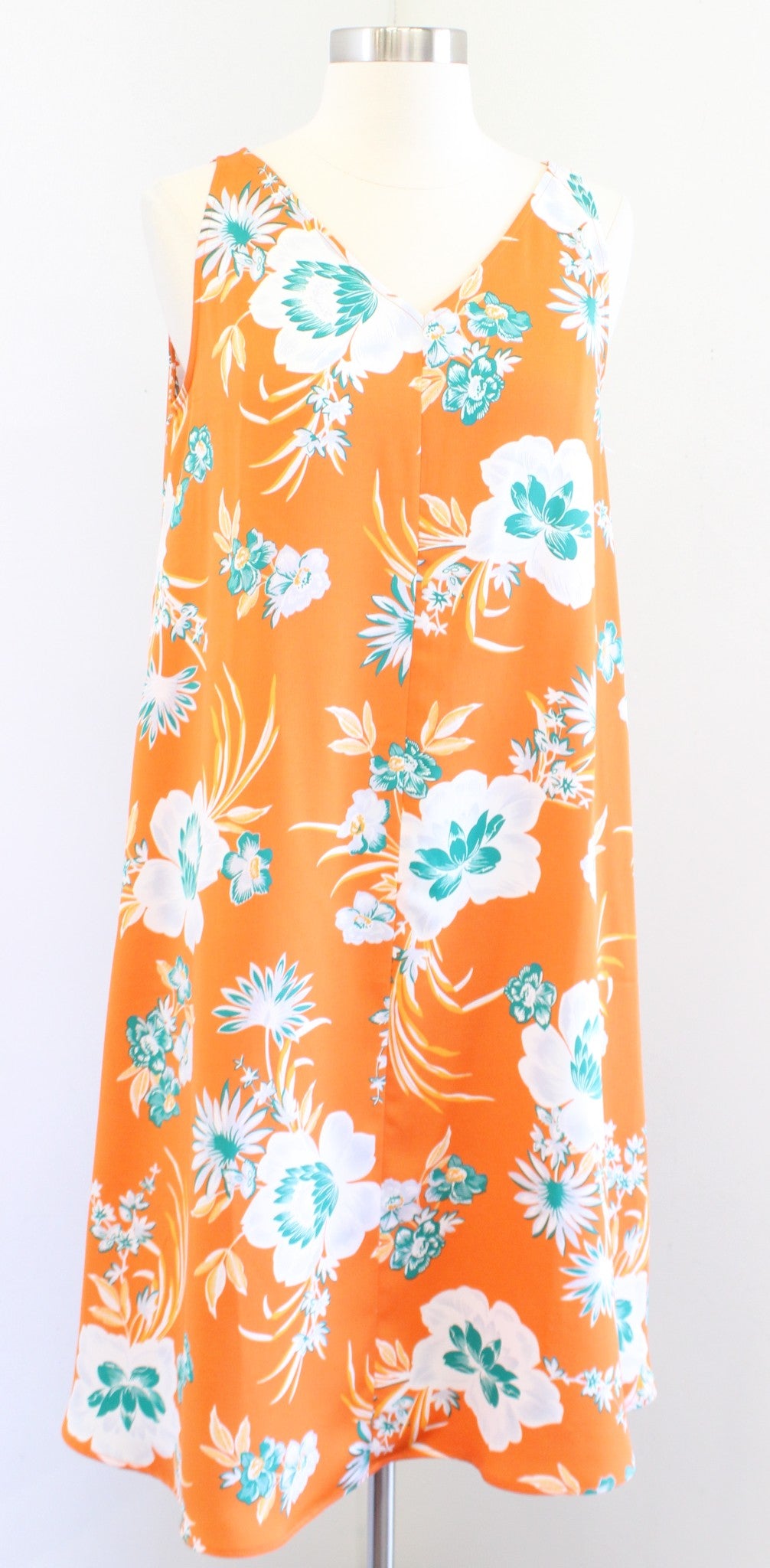 Ann Taylor Orange Tropical Floral Print Tie Waist V Neck Dress Sleeveless PM MP