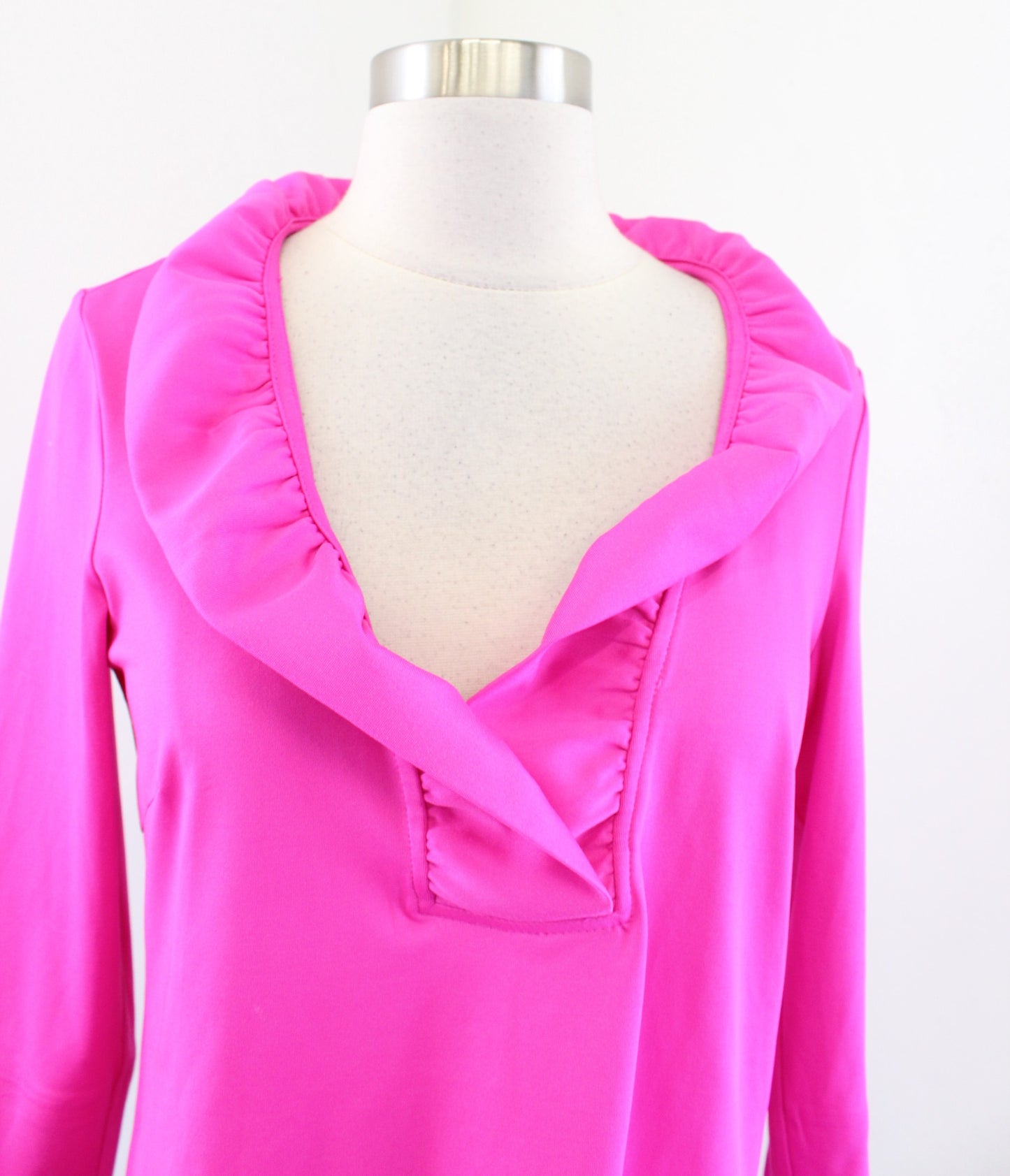 Gretchen Scott Solid Hot Pink Ruffle V Neck 3/4 Sleeve Top Blouse Size XS