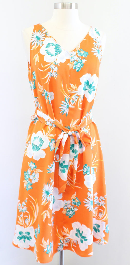 Ann Taylor Orange Tropical Floral Print Tie Waist V Neck Dress Sleeveless PM MP