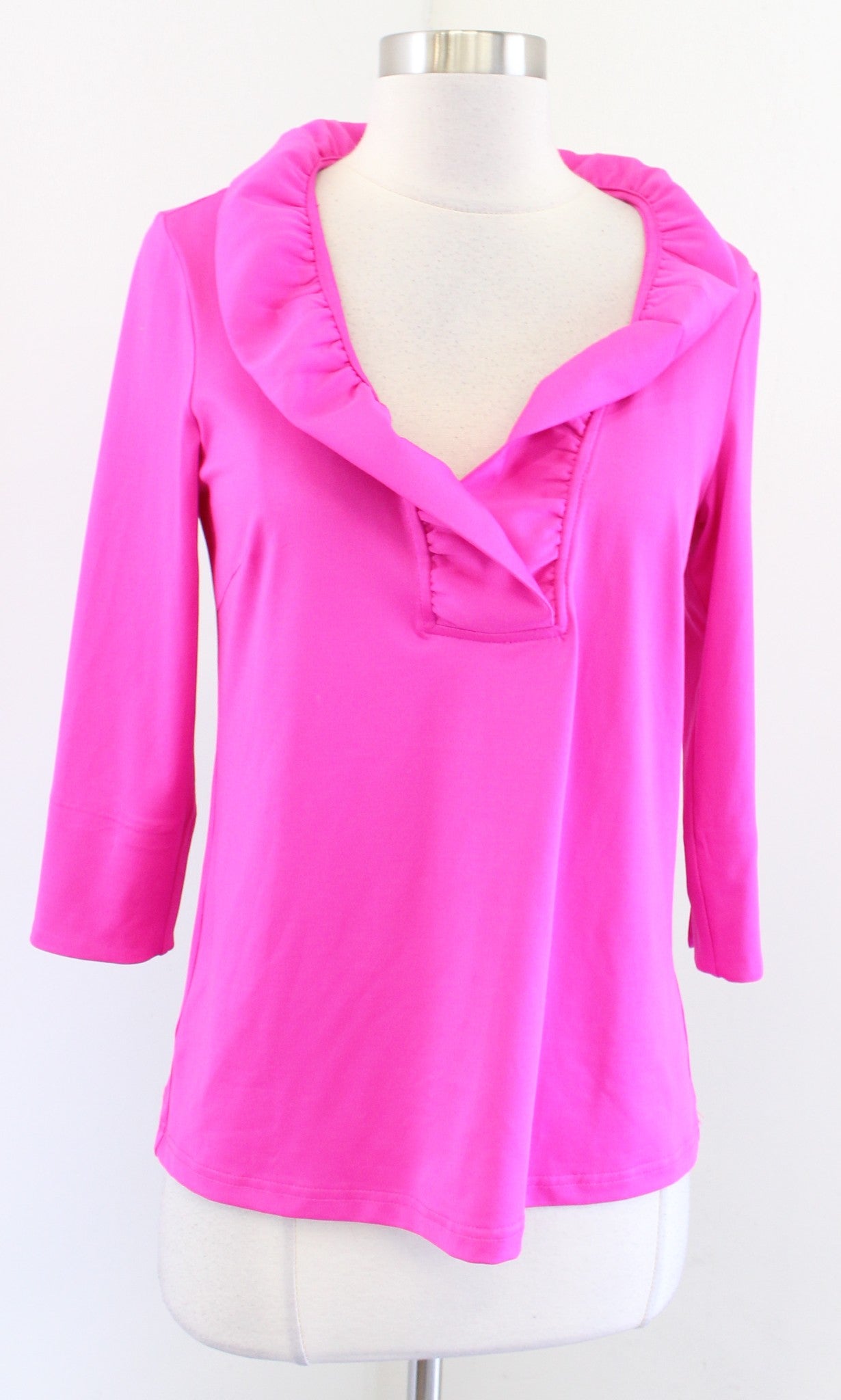 Gretchen Scott Solid Hot Pink Ruffle V Neck 3/4 Sleeve Top Blouse Size XS