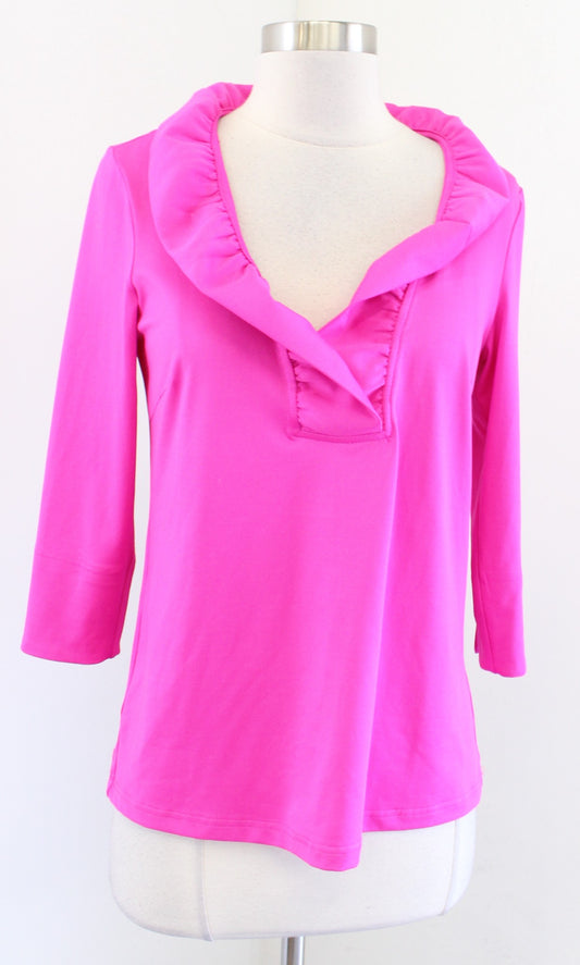 Gretchen Scott Solid Hot Pink Ruffle V Neck 3/4 Sleeve Top Blouse Size XS
