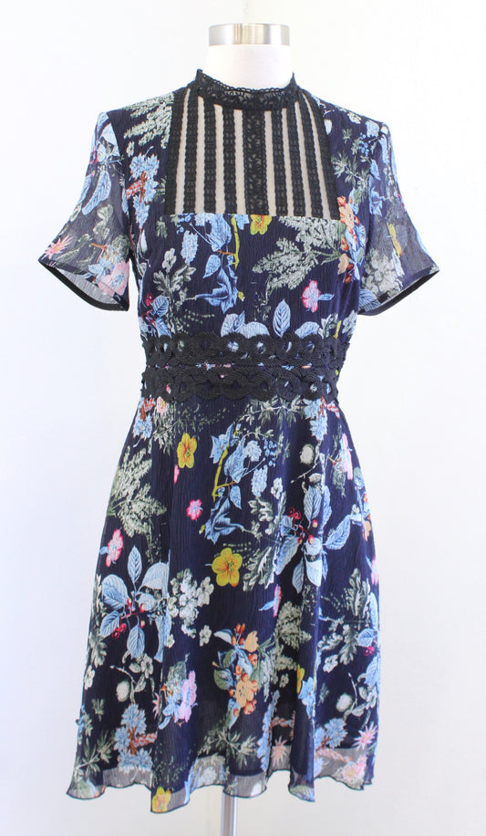 Foxiedox Juniper Navy Blue Black Floral Print Mesh Embroidered Neck Dress Size S