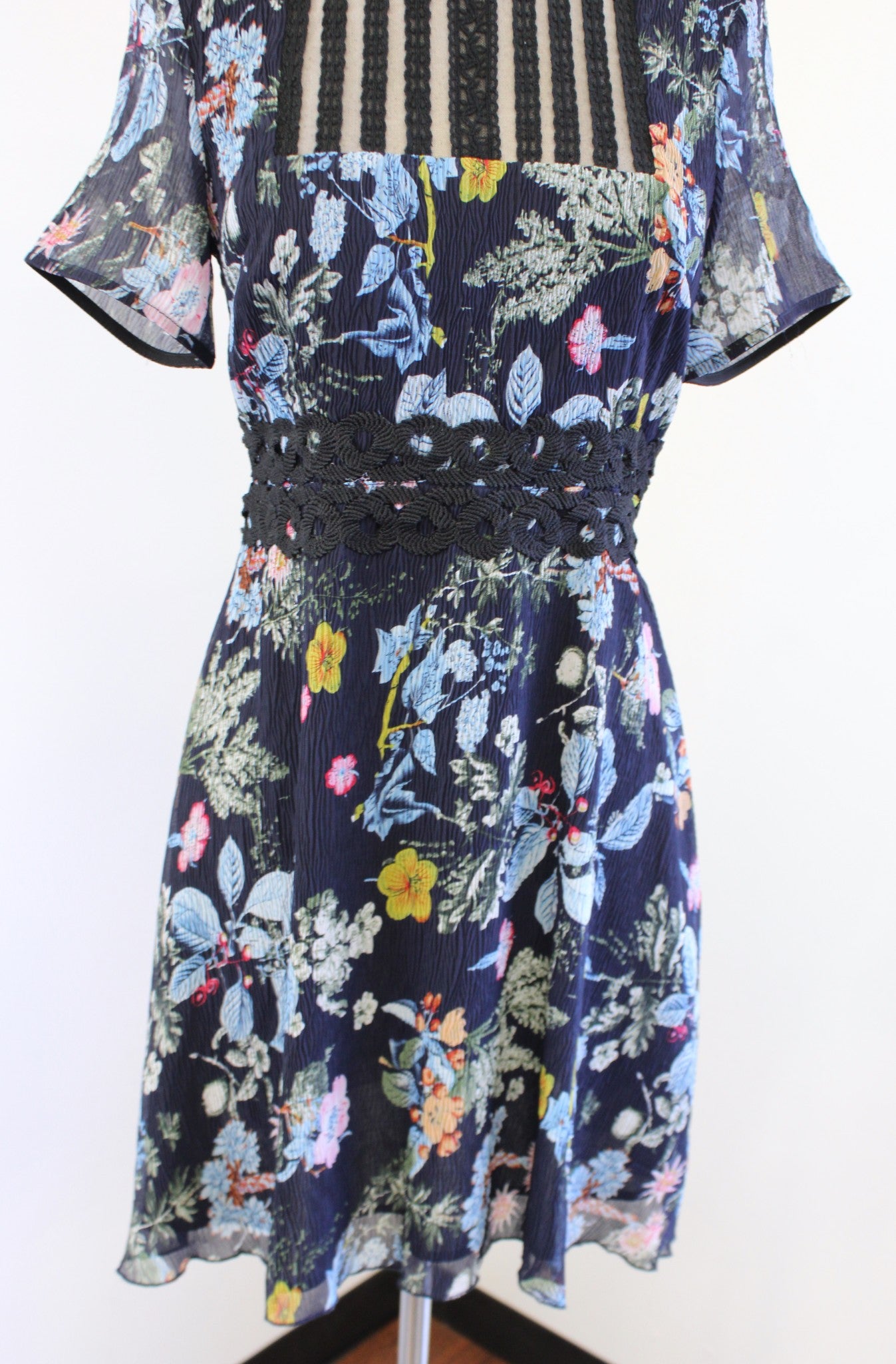 Foxiedox Juniper Navy Blue Black Floral Print Mesh Embroidered Neck Dress Size S