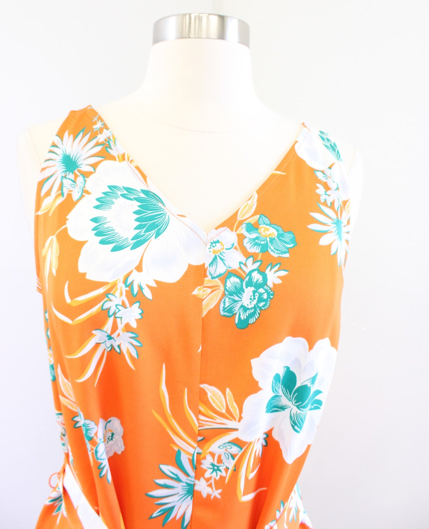 Ann Taylor Orange Tropical Floral Print Tie Waist V Neck Dress Sleeveless PM MP