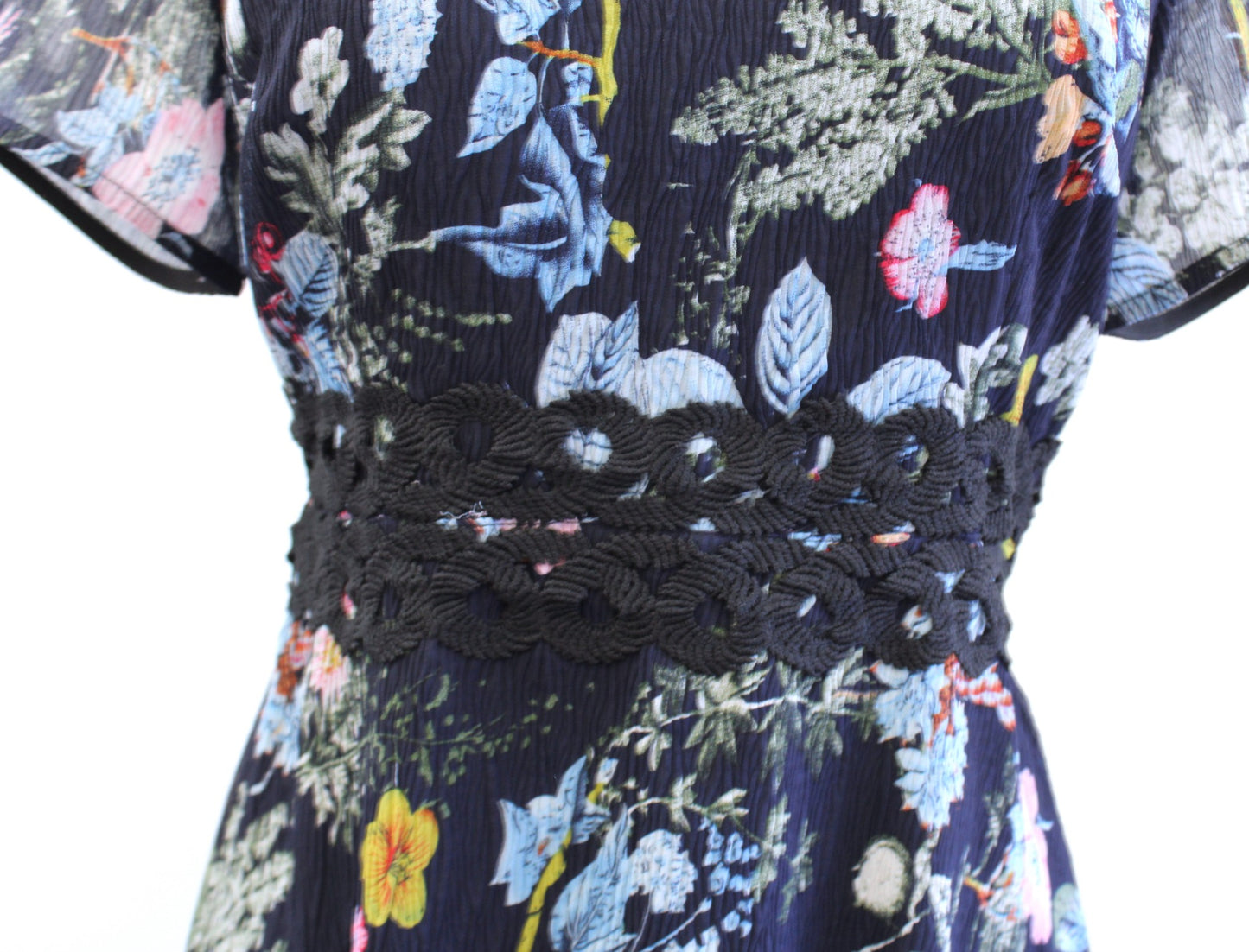 Foxiedox Juniper Navy Blue Black Floral Print Mesh Embroidered Neck Dress Size S