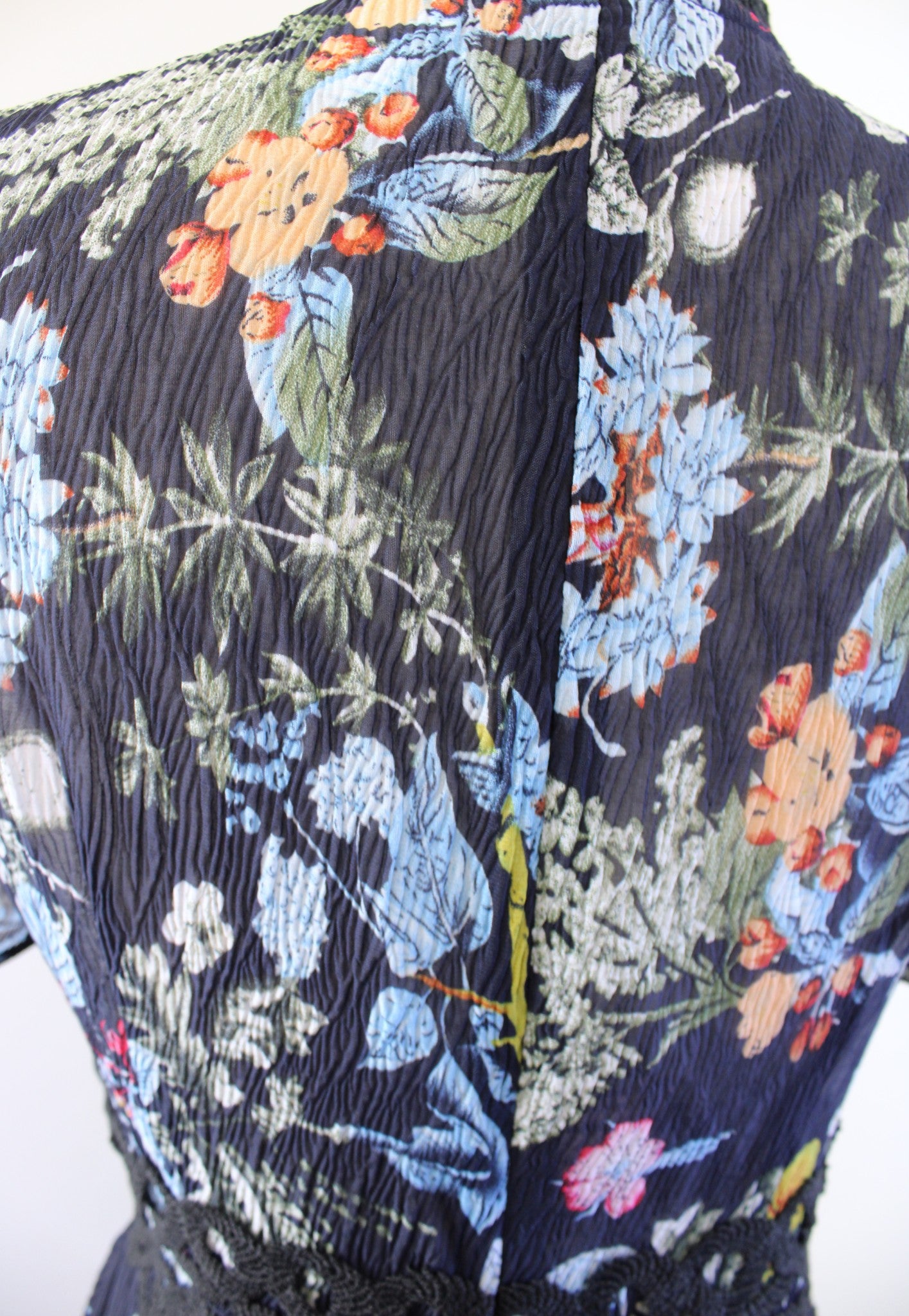 Foxiedox Juniper Navy Blue Black Floral Print Mesh Embroidered Neck Dress Size S