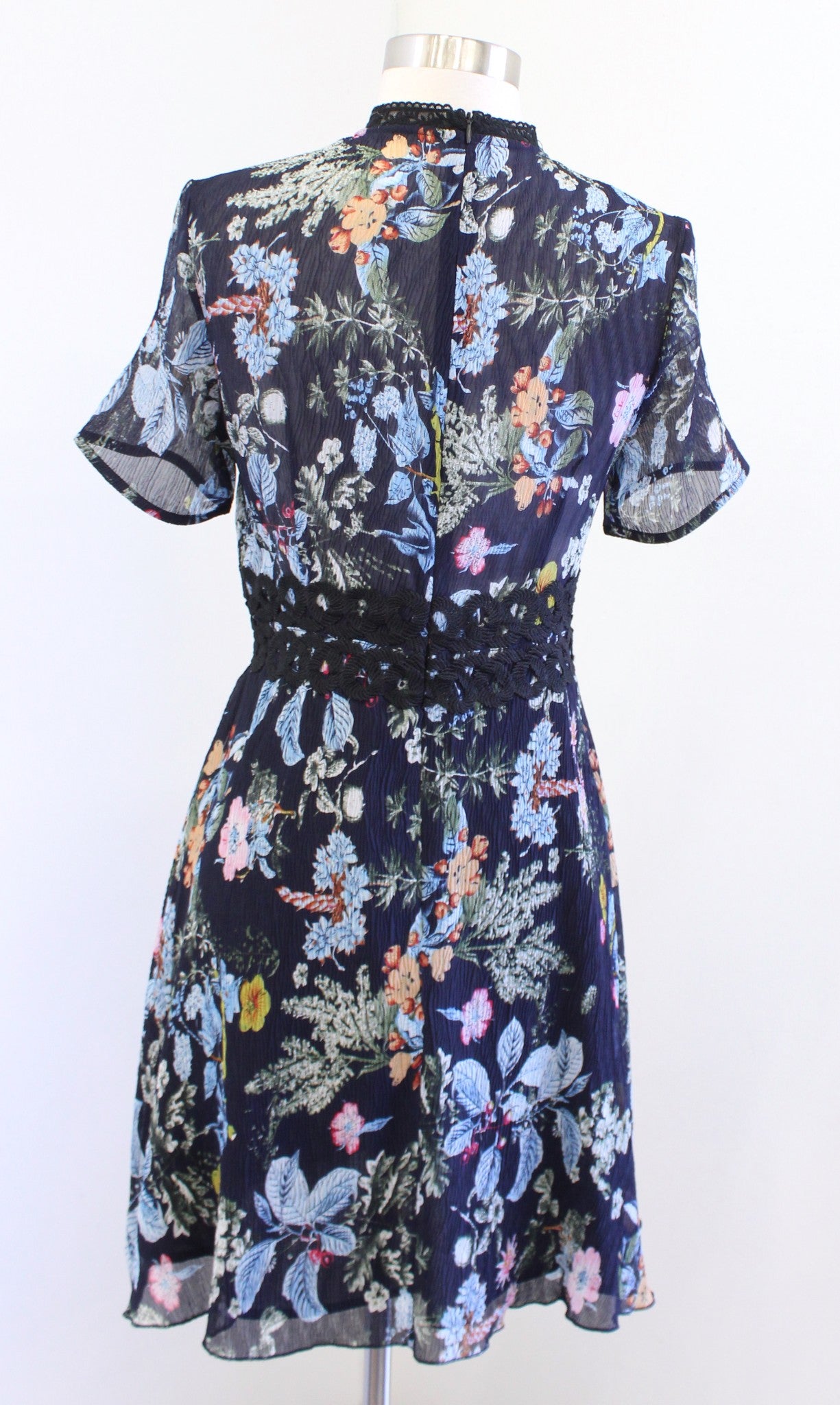 Foxiedox Juniper Navy Blue Black Floral Print Mesh Embroidered Neck Dress Size S