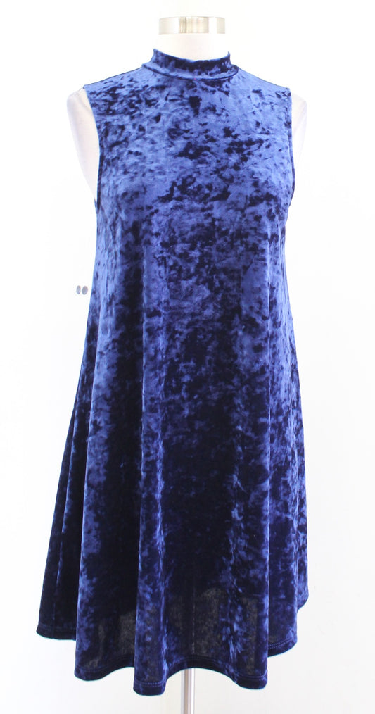 NWT Modcloth Blue Crushed Velvet Mock Neck Swing Dress Size M Sleeveless