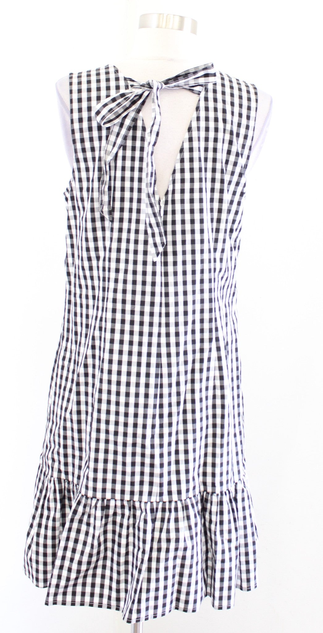 J Crew Black White Gingham Plaid Bow Back Flounce Hem Sleeveless Casual Dress M