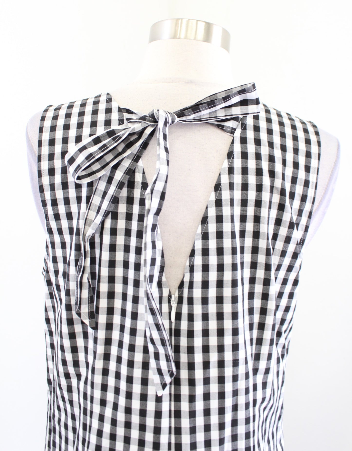 J Crew Black White Gingham Plaid Bow Back Flounce Hem Sleeveless Casual Dress M