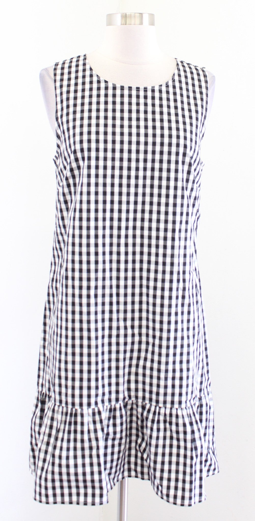 J Crew Black White Gingham Plaid Bow Back Flounce Hem Sleeveless Casual Dress M