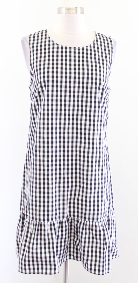 J Crew Black White Gingham Plaid Bow Back Flounce Hem Sleeveless Casual Dress M