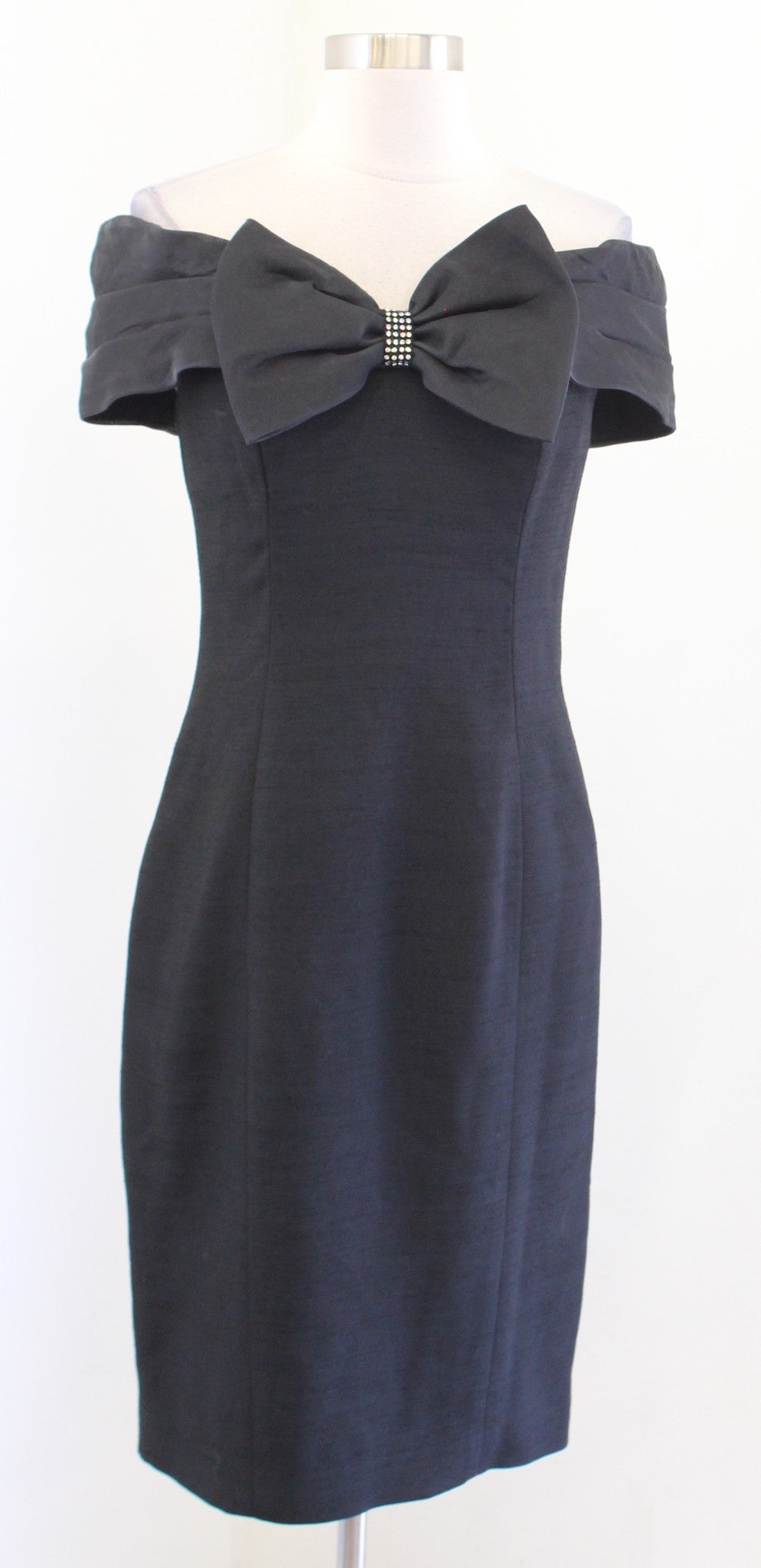 Vtg 90s Black Off the Shoulder Big Bow Accent Cocktail Party Dress Size 4