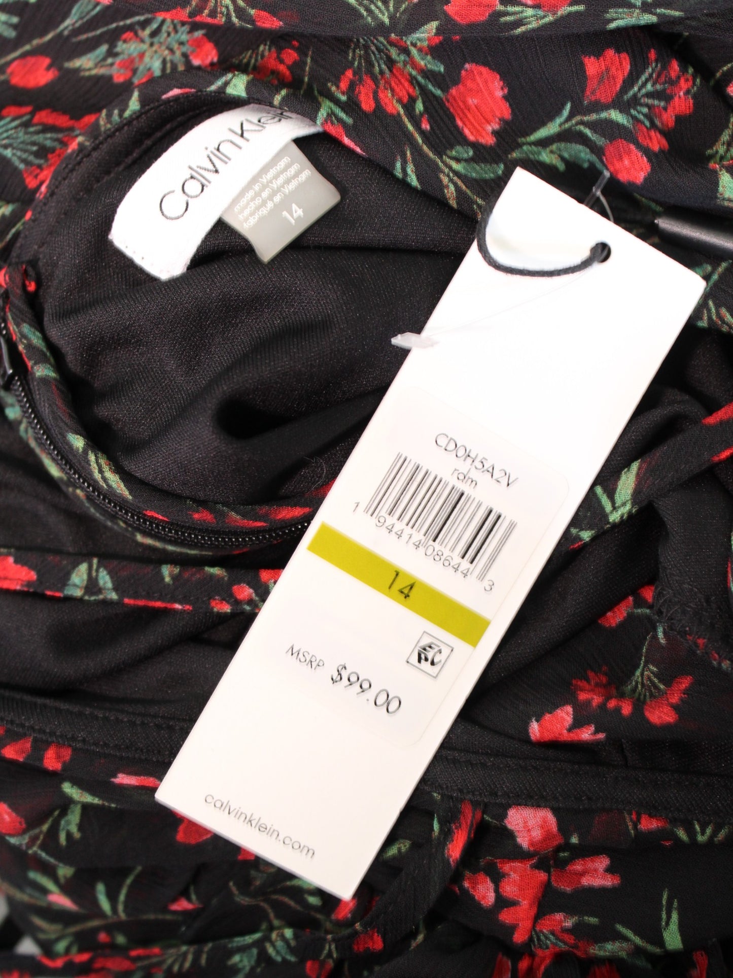 NWT Calvin Klein Black Red Floral Flounce Hem Casual Shift Dress Size 14 Green