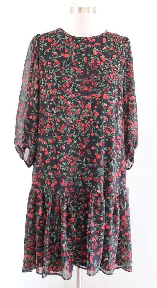 NWT Calvin Klein Black Red Floral Flounce Hem Casual Shift Dress Size 14 Green