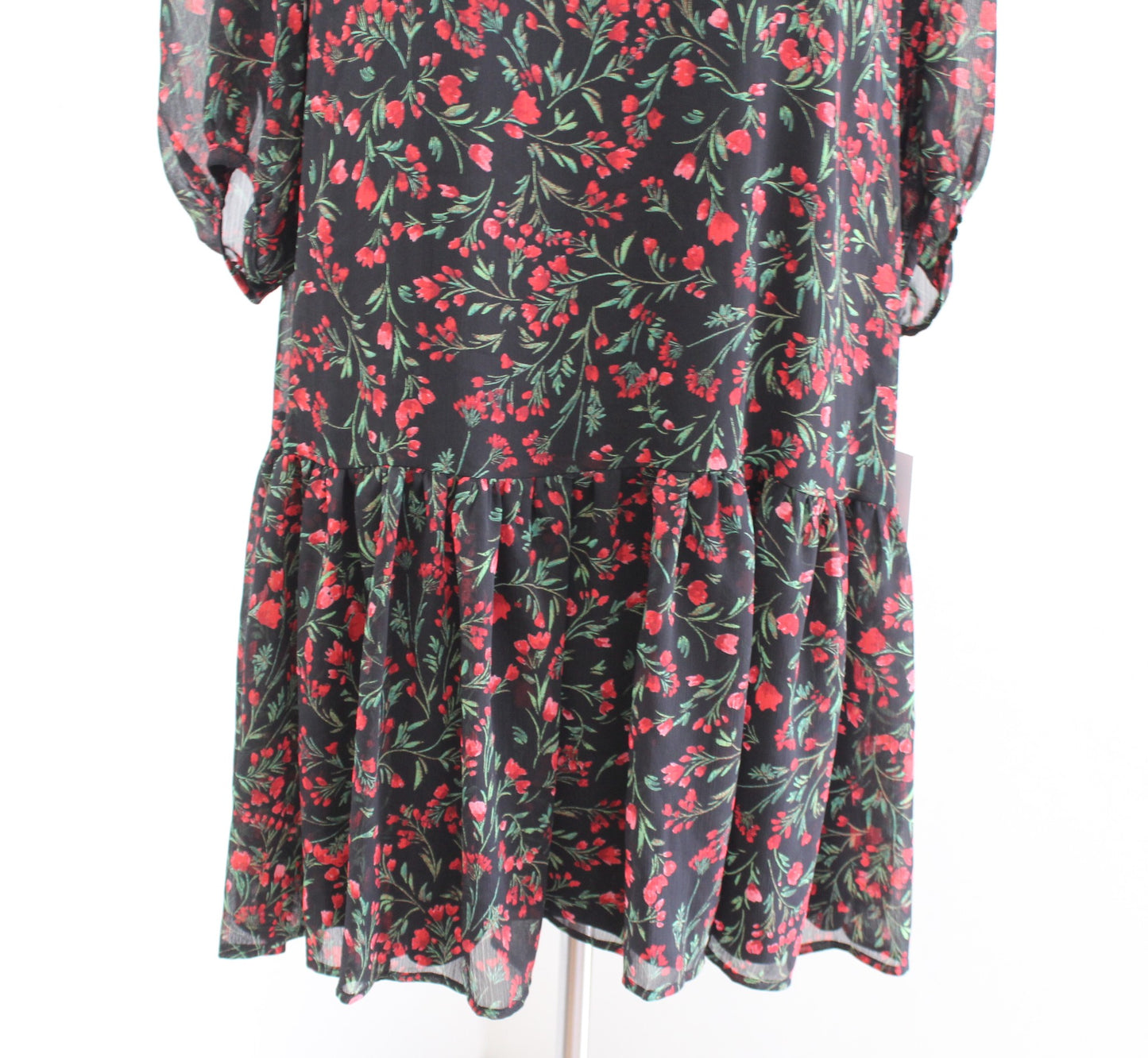 NWT Calvin Klein Black Red Floral Flounce Hem Casual Shift Dress Size 14 Green