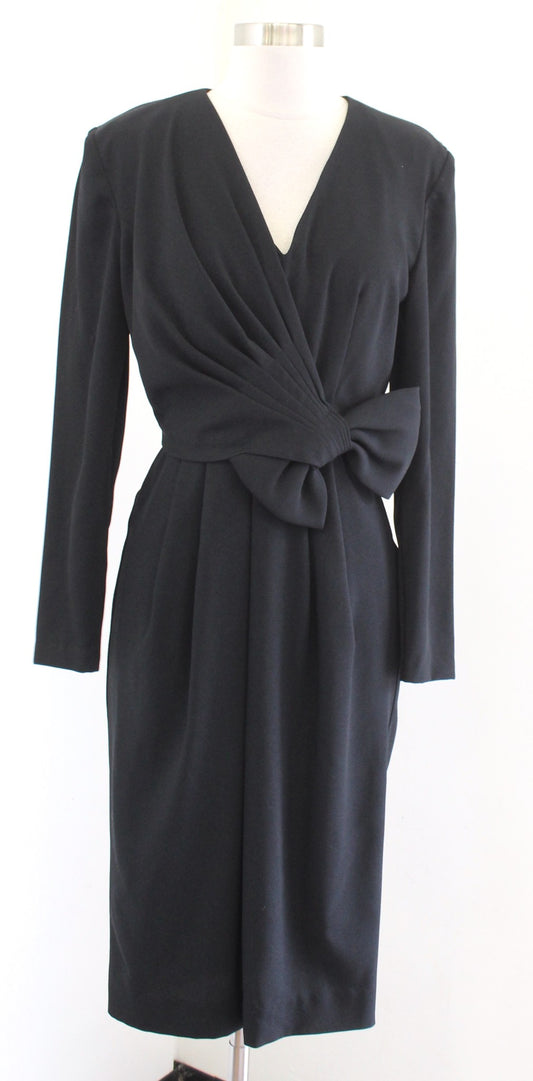 Vtg 90s Black Big Bow Ruched V Neck Dress Size 4 Joan Leslie Retro Cocktail