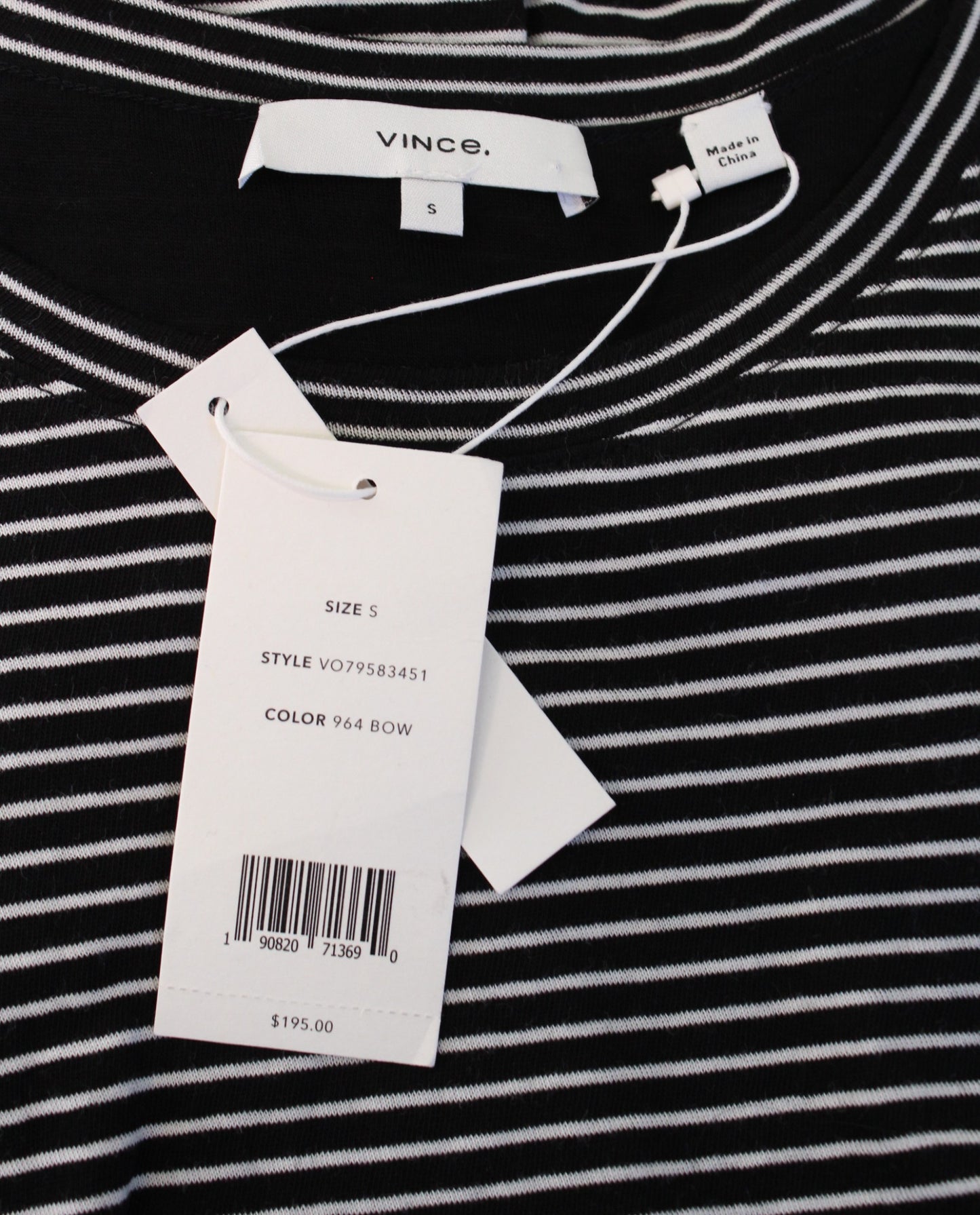 NWT Vince Black White Striped Side Tie Long Sleeve T Shirt Tee Dress Size S Knit