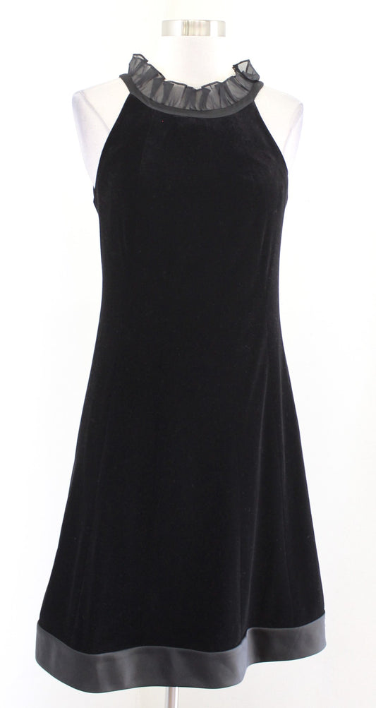 Kay Unger New York Black Velvet Ruffle Neckline A Line Cocktail Party Dress Sz 4