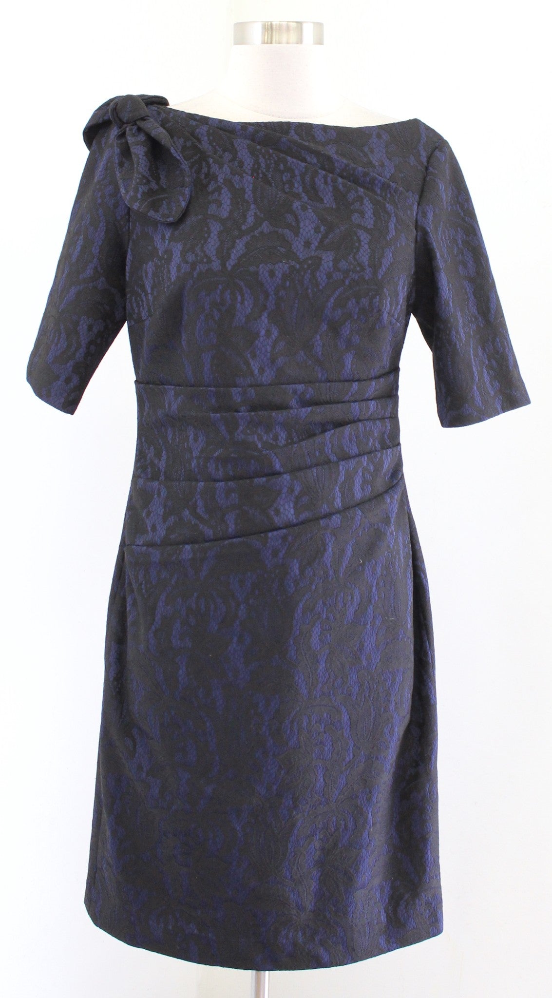Kay Unger Navy Blue Black Lace Bow Accent Ruched Sheath Dress Size 8 Cocktail
