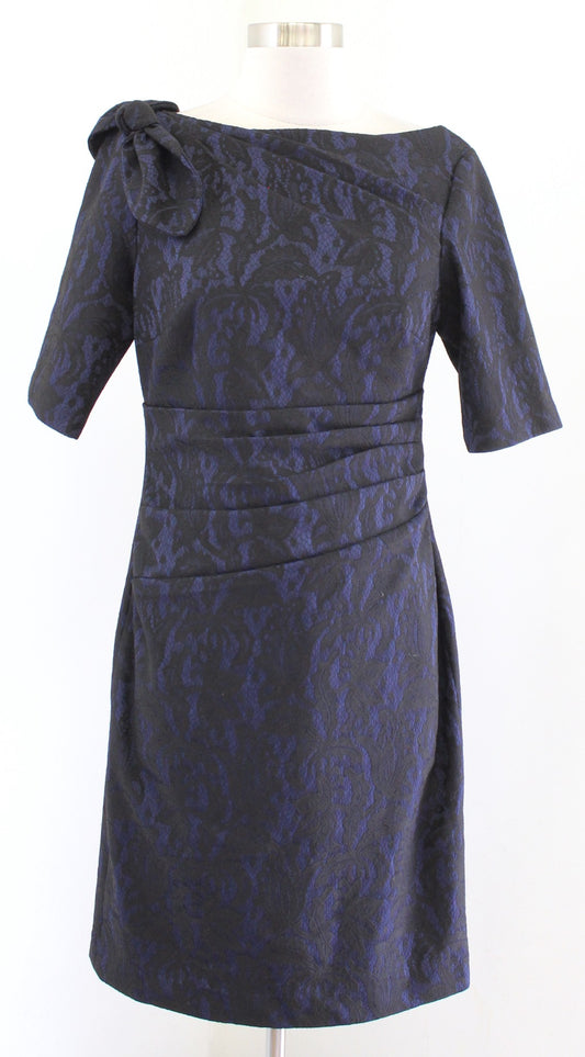 Kay Unger Navy Blue Black Lace Bow Accent Ruched Sheath Dress Size 8 Cocktail