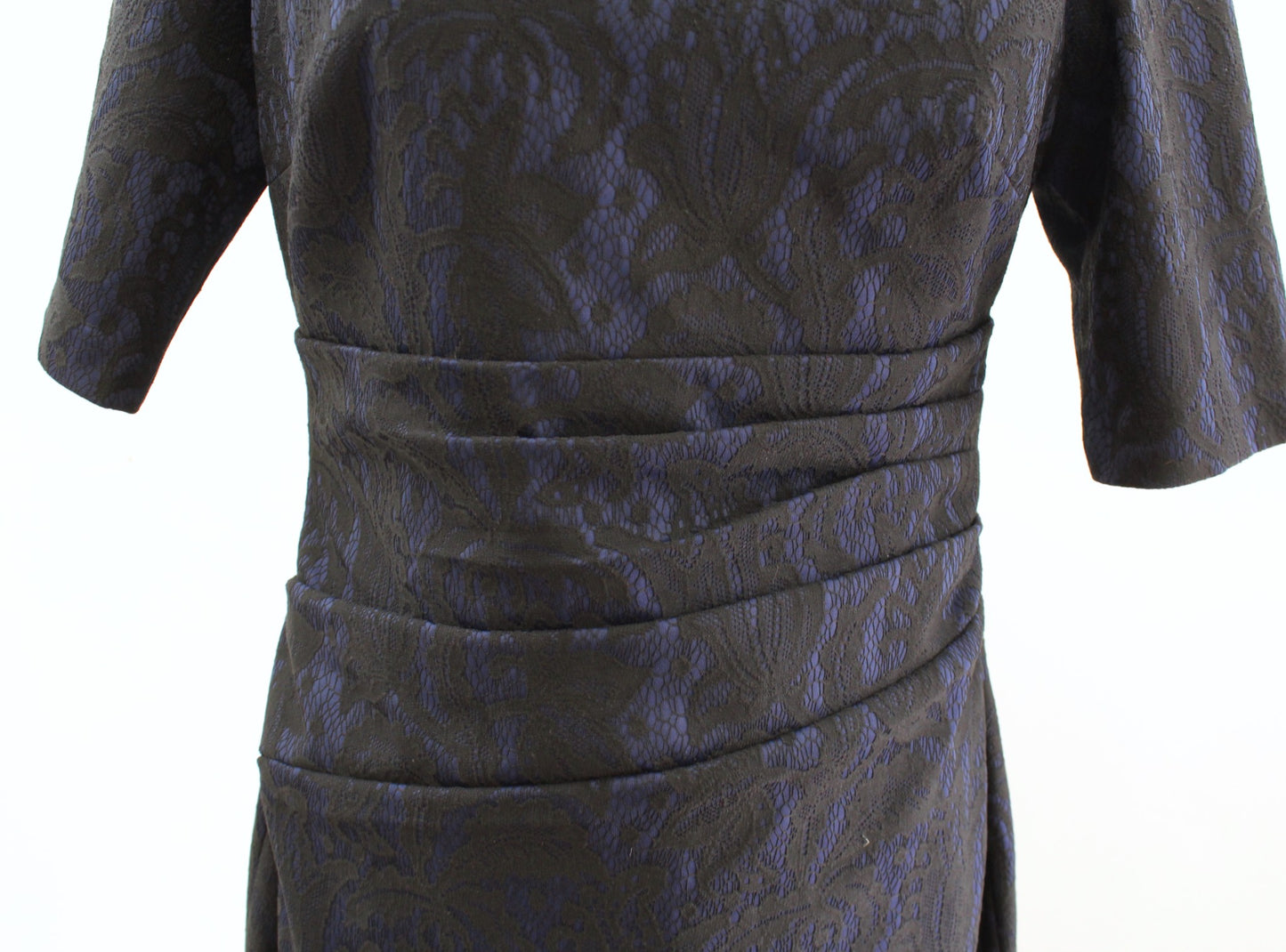Kay Unger Navy Blue Black Lace Bow Accent Ruched Sheath Dress Size 8 Cocktail